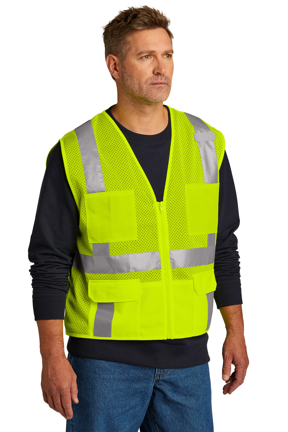 CornerStone CSV104 Mens ANSI 107 Class 2 Mesh Zipper Vest w/ Pocket Safety Yellow 3Q