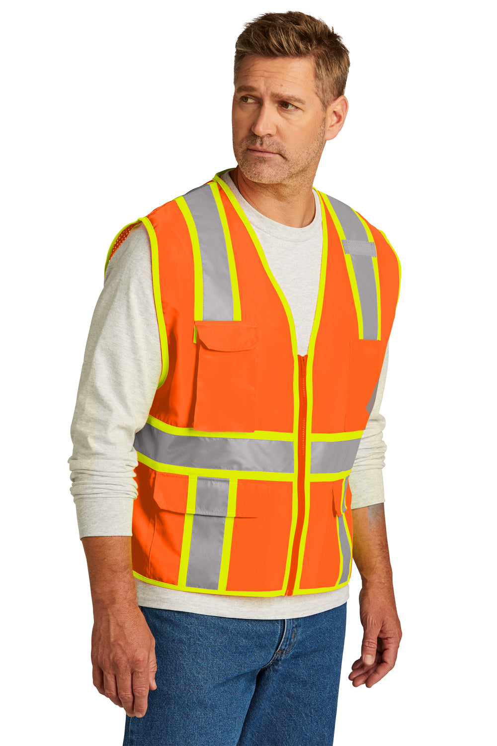 CornerStone CSV105 Mens ANSI 107 Class 2 Surveyor Zipper Vest w/ Pocket Safety Orange 3Q