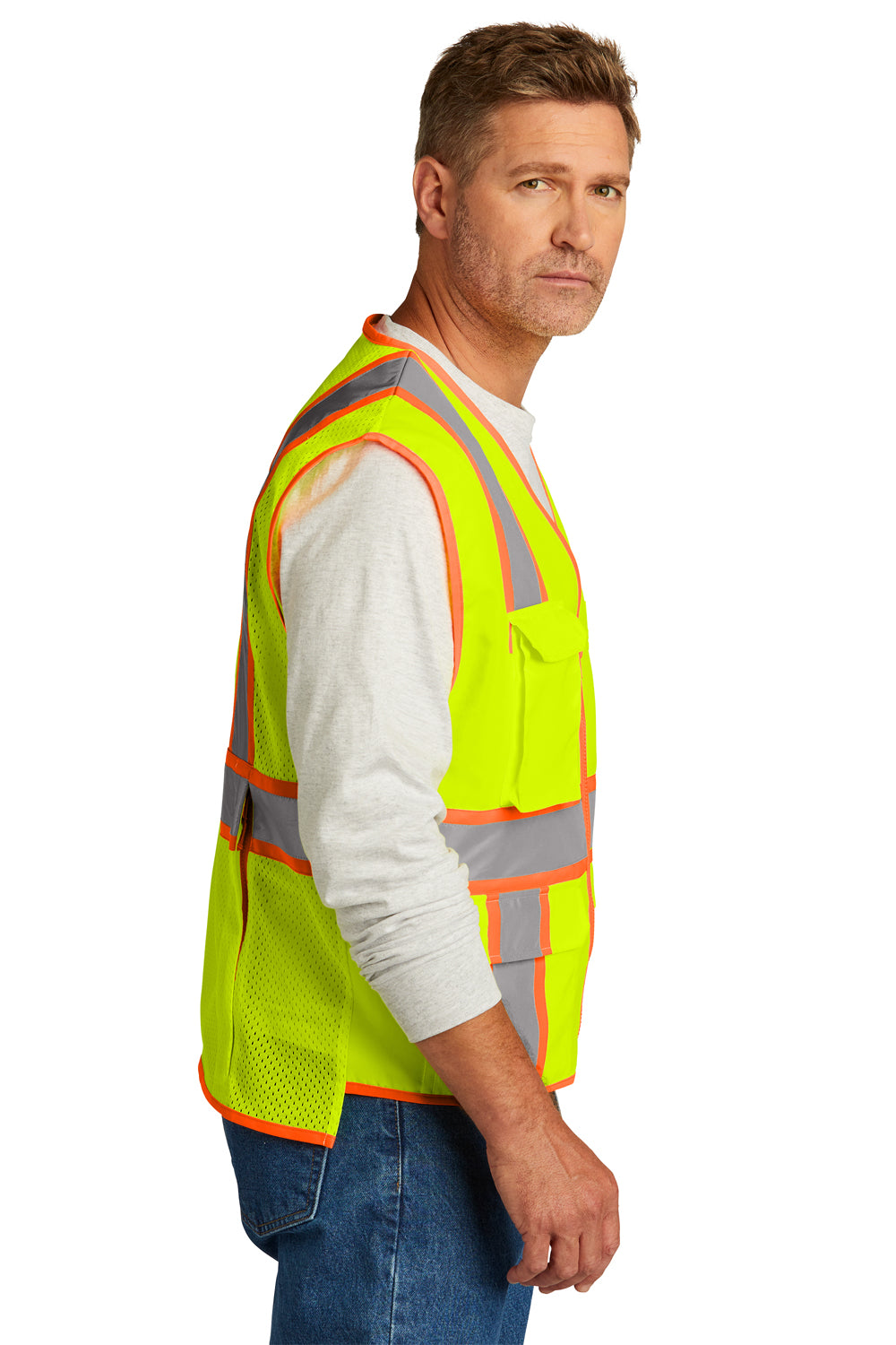 CornerStone CSV105 Mens ANSI 107 Class 2 Surveyor Zipper Vest w/ Pocket Safety Yellow Side