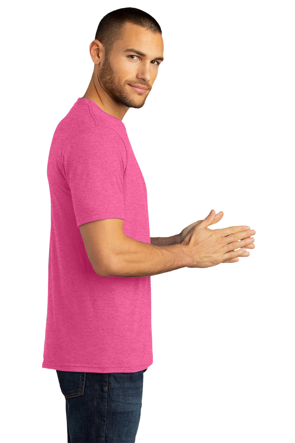 District DM130DTG Mens Perfect DTG Short Sleeve Crewneck T-Shirt Fuchsia Pink Frost Side