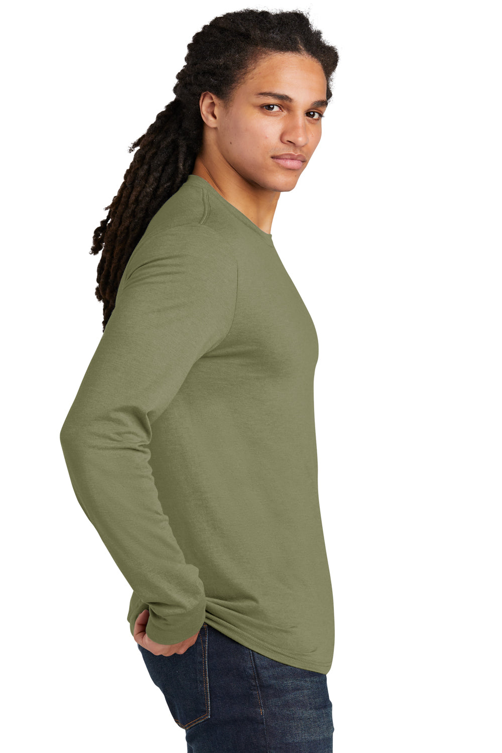 District DM132 Mens Perfect Tri Long Sleeve Crewneck T-Shirt Military Green Frost Side