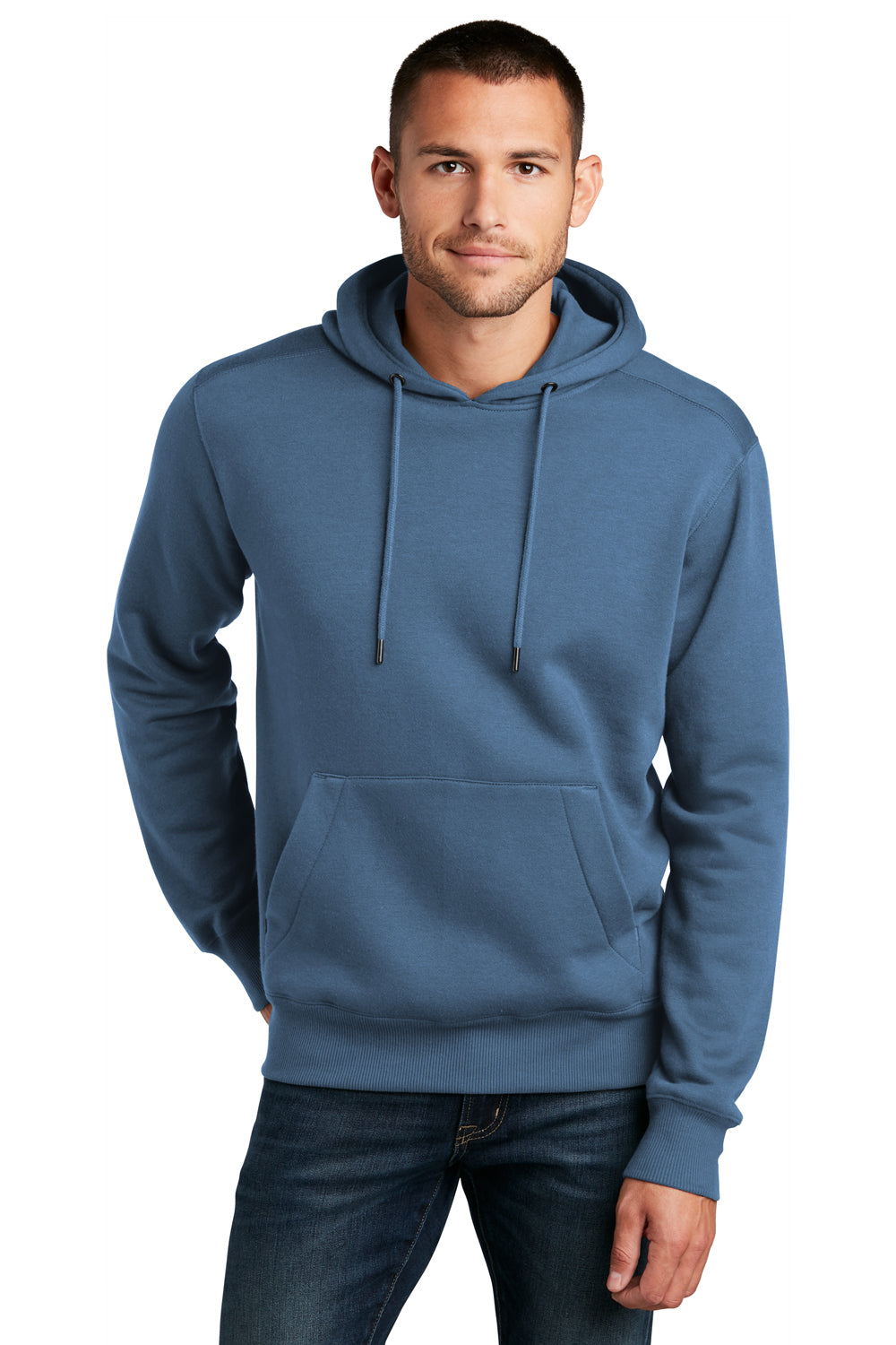 District Mens Perfect Weight Fleece Hooded Sweatshirt Hoodie Maritime Blue Front