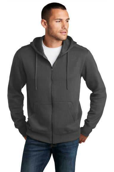 District Mens Perfect Weight Fleece Full Zip Hooded Sweatshirt Hoodie Charcoal Grey Front