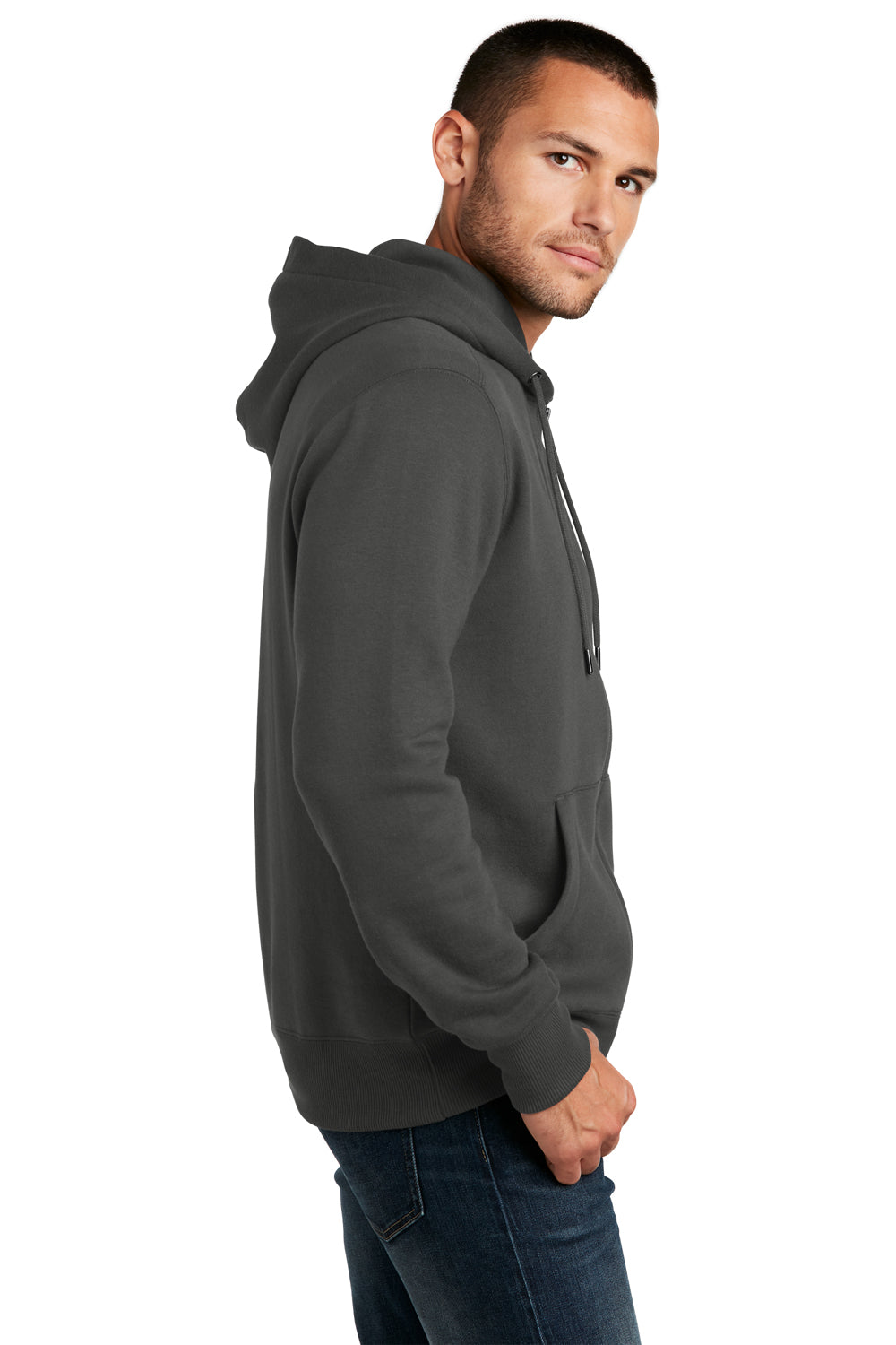 District Mens Perfect Weight Fleece Full Zip Hooded Sweatshirt Hoodie Charcoal Grey Side