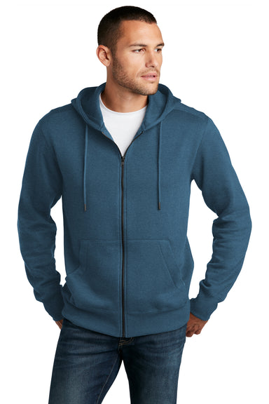 District Mens Perfect Weight Fleece Full Zip Hooded Sweatshirt Hoodie Heather Poseidon Blue Front