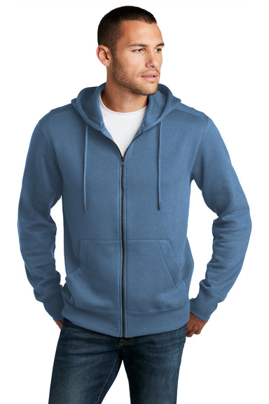 District Mens Perfect Weight Fleece Full Zip Hooded Sweatshirt Hoodie Maritime Blue Front