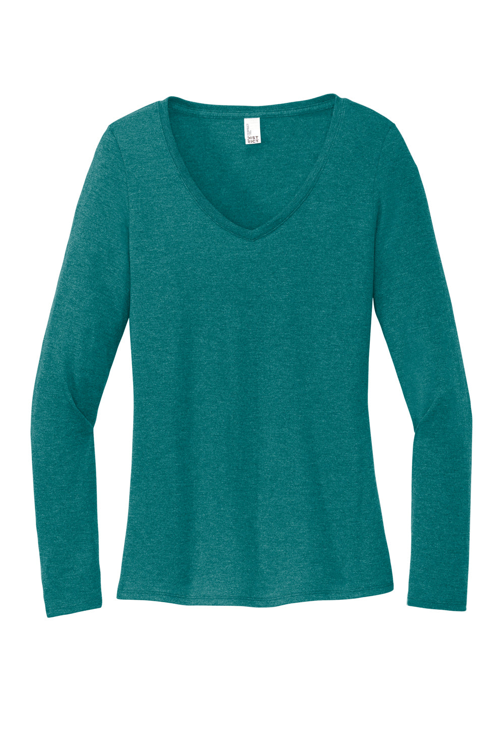 District DT135 Womens Perfect Tri Long Sleeve V-Neck T-Shirt Heather Teal Green Flat Front