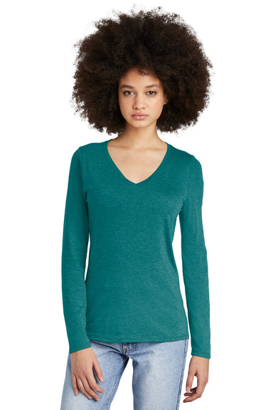District DT135 Womens Perfect Tri Long Sleeve V-Neck T-Shirt Heather Teal Green Front
