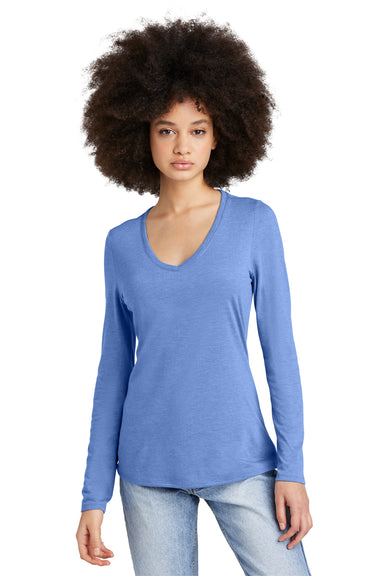 District DT135 Womens Perfect Tri Long Sleeve V-Neck T-Shirt Maritime Blue Frost Front