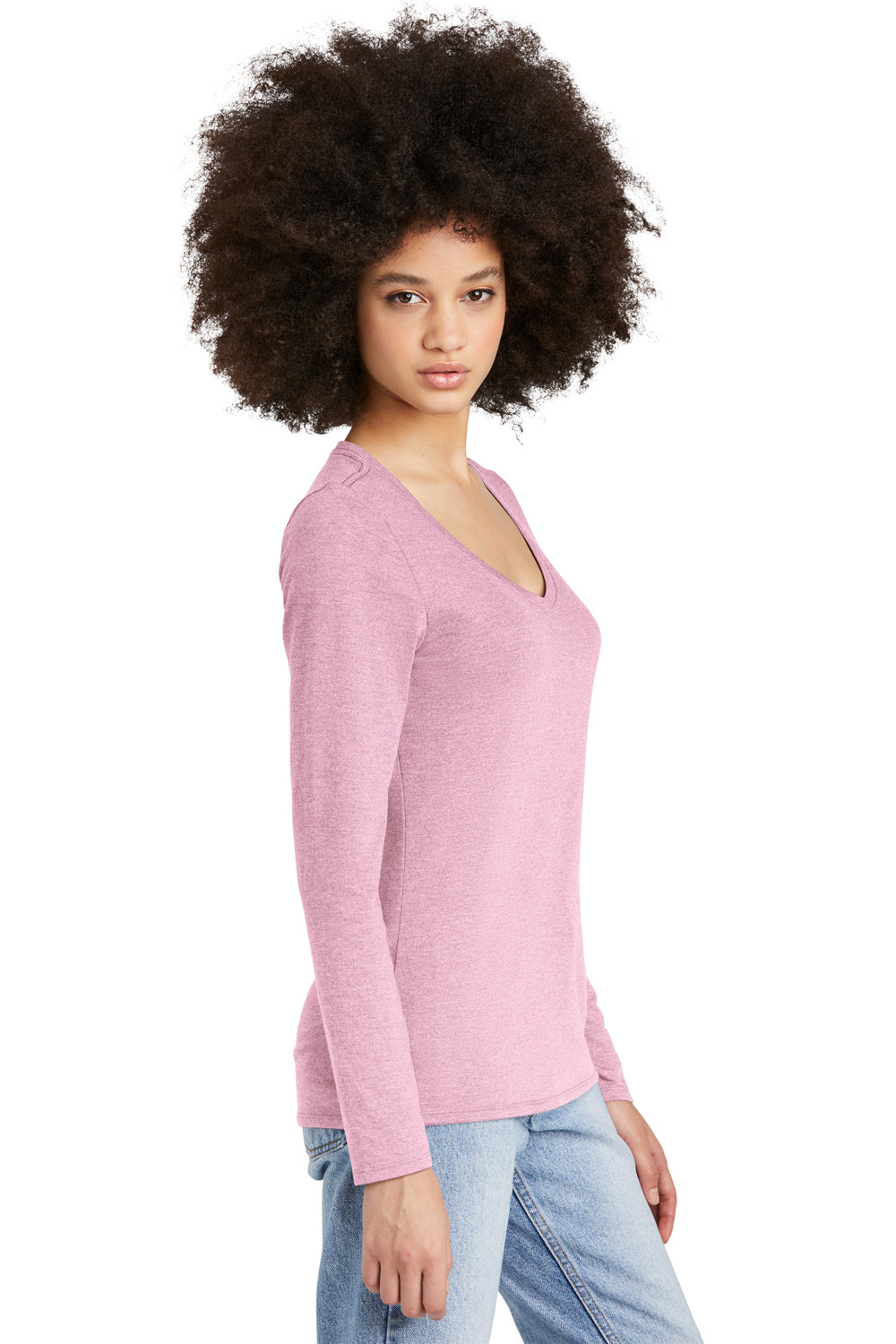 District DT135 Womens Perfect Tri Long Sleeve V-Neck T-Shirt Heather Wisteria Pink Side