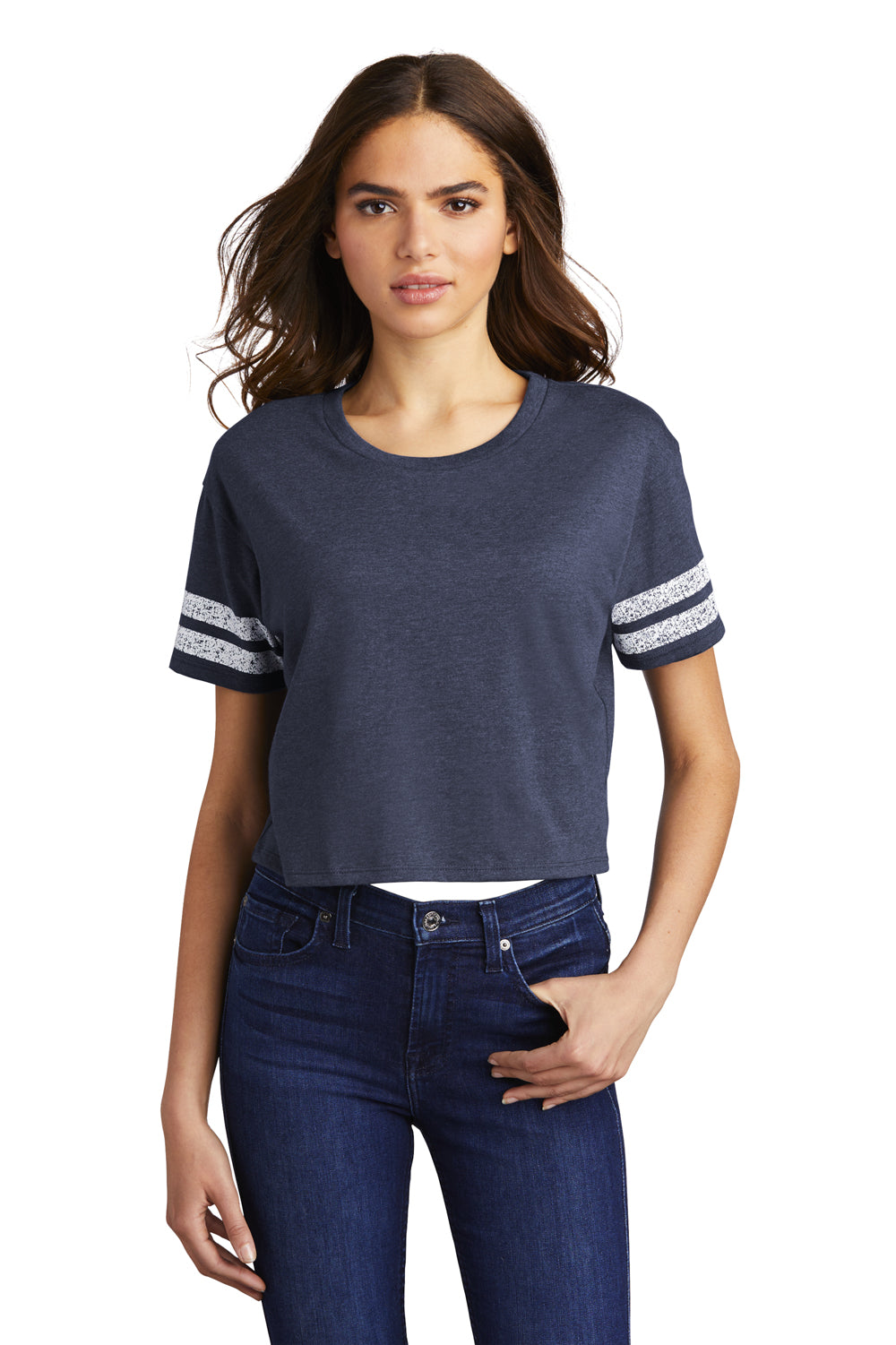 District Womens Scorecard Crop Short Sleeve Crewneck T-Shirt Heather True Navy Blue/White Front
