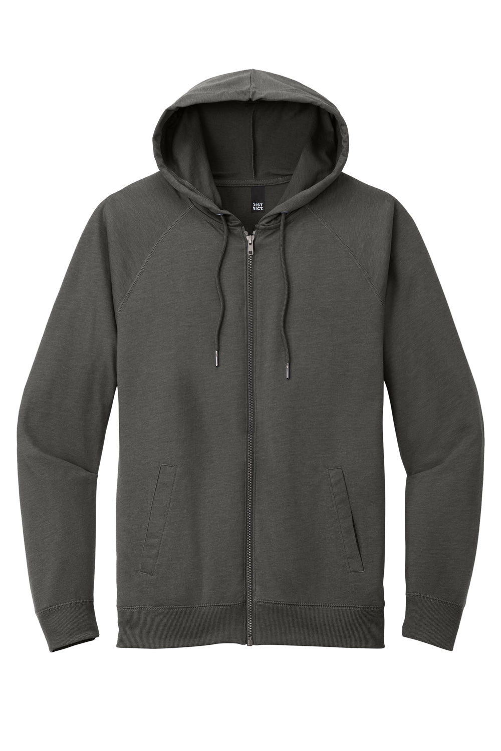 District Mens French Terry Full Zip Hooded Sweatshirt Hoodie Washed Coal Grey Flat Front