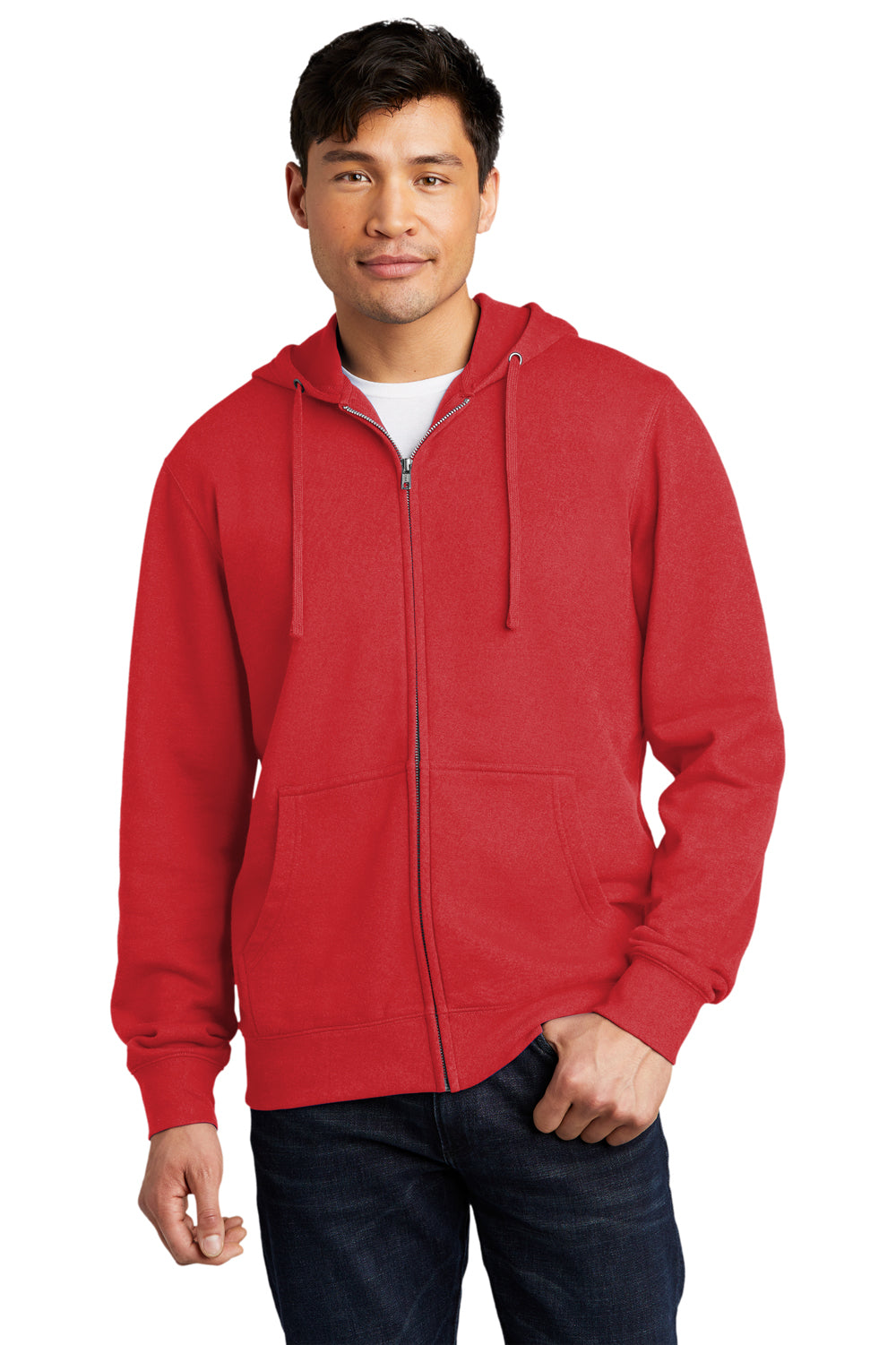 District Mens Very Important Fleece Full Zip Hooded Sweatshirt Hoodie Classic Red Front