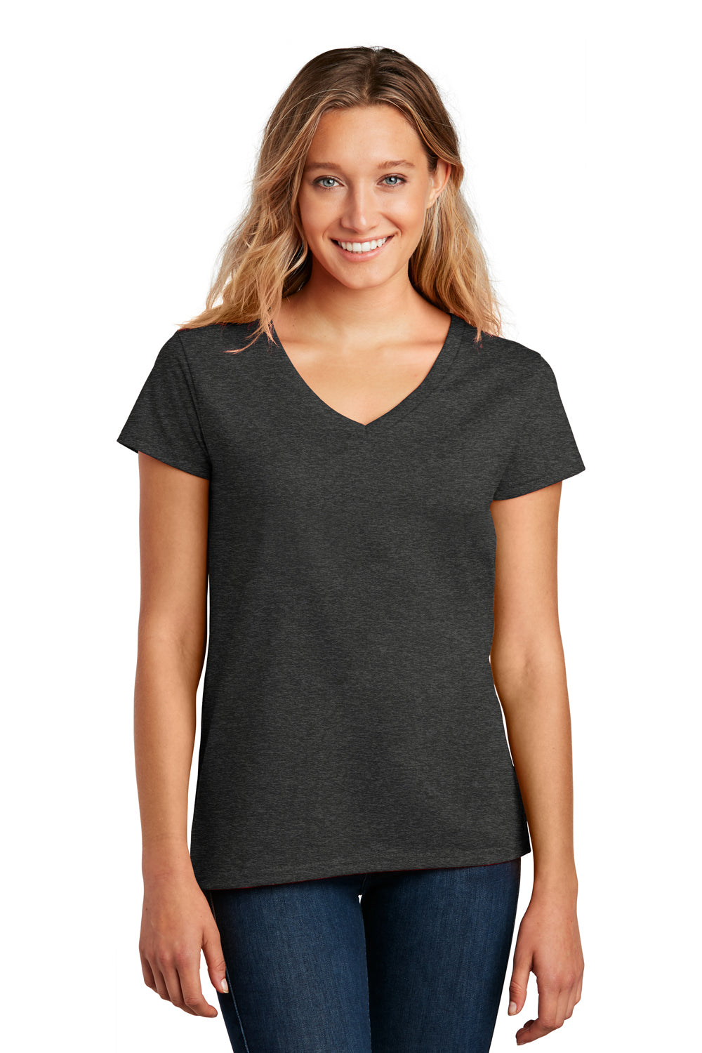 District Womens Re-Tee Short Sleeve V-Neck T-Shirt Heather Charcoal Grey Front