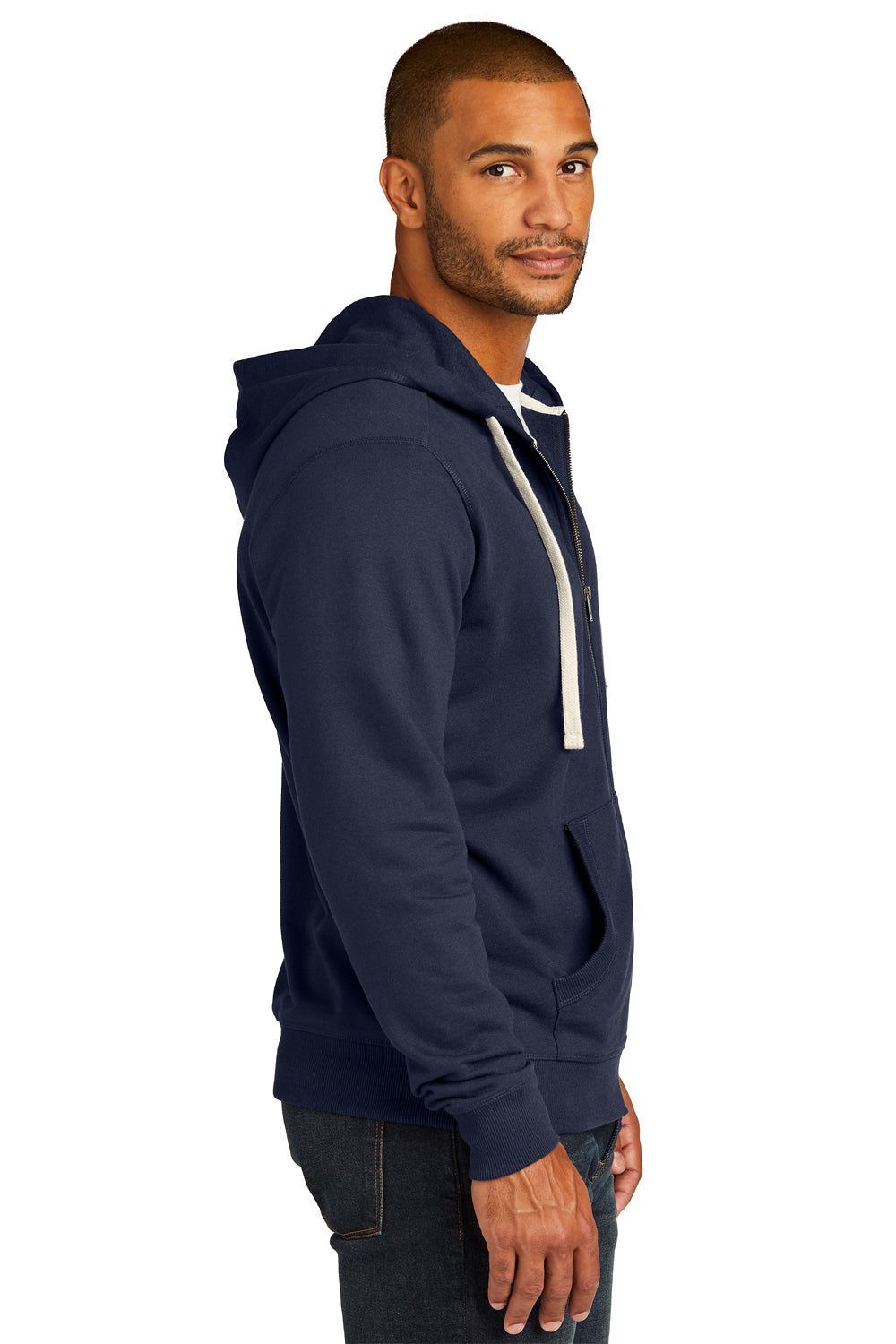 District Mens Re-Fleece Full Zip Hooded Sweatshirt Hoodie True Navy Blue Side