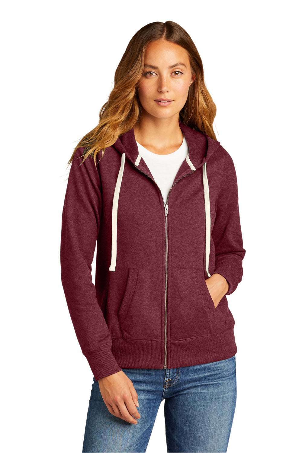 District Womens Re-Fleece Full Zip Hooded Sweatshirt Hoodie Heather Maroon Front