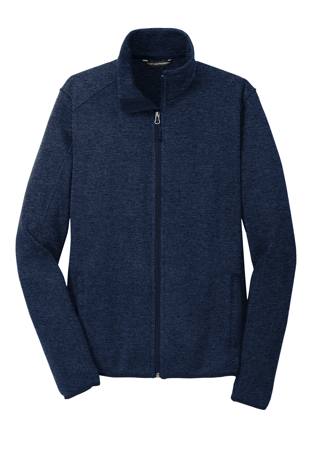 Port Authority Mens Full Zip Sweater Fleece Jacket Heather River Navy Blue Flat Front