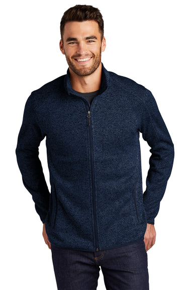 Port Authority Mens Full Zip Sweater Fleece Jacket Heather River Navy Blue Front