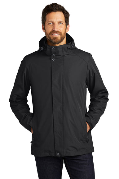 Port Authority J123 Mens All Weather 3 in 1 Full Zip Hooded Jacket Black Front
