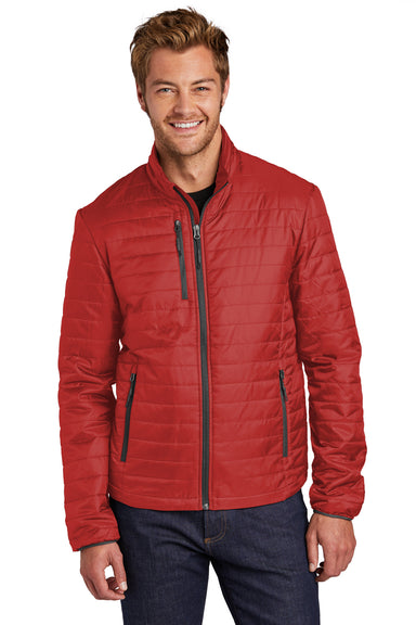 Port Authority Mens Packable Puffy Full Zip Jacket Fire Red/Graphite Grey Front