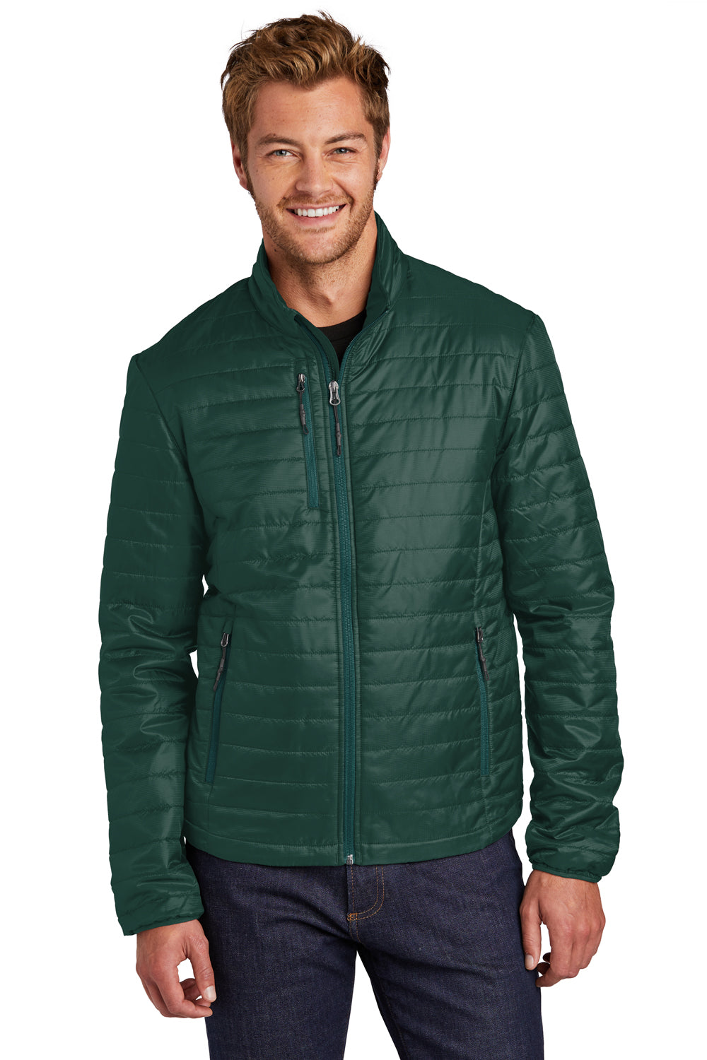 Port Authority Mens Packable Puffy Full Zip Jacket Tree Green/Marine Green Front