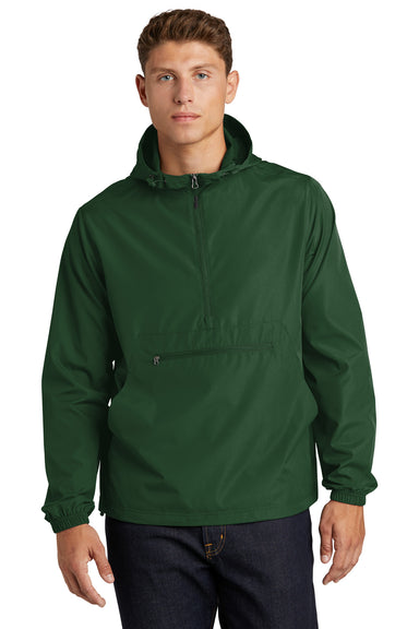 Sport-Tek Mens Packable Anorak Hooded Jacket Forest Green Front