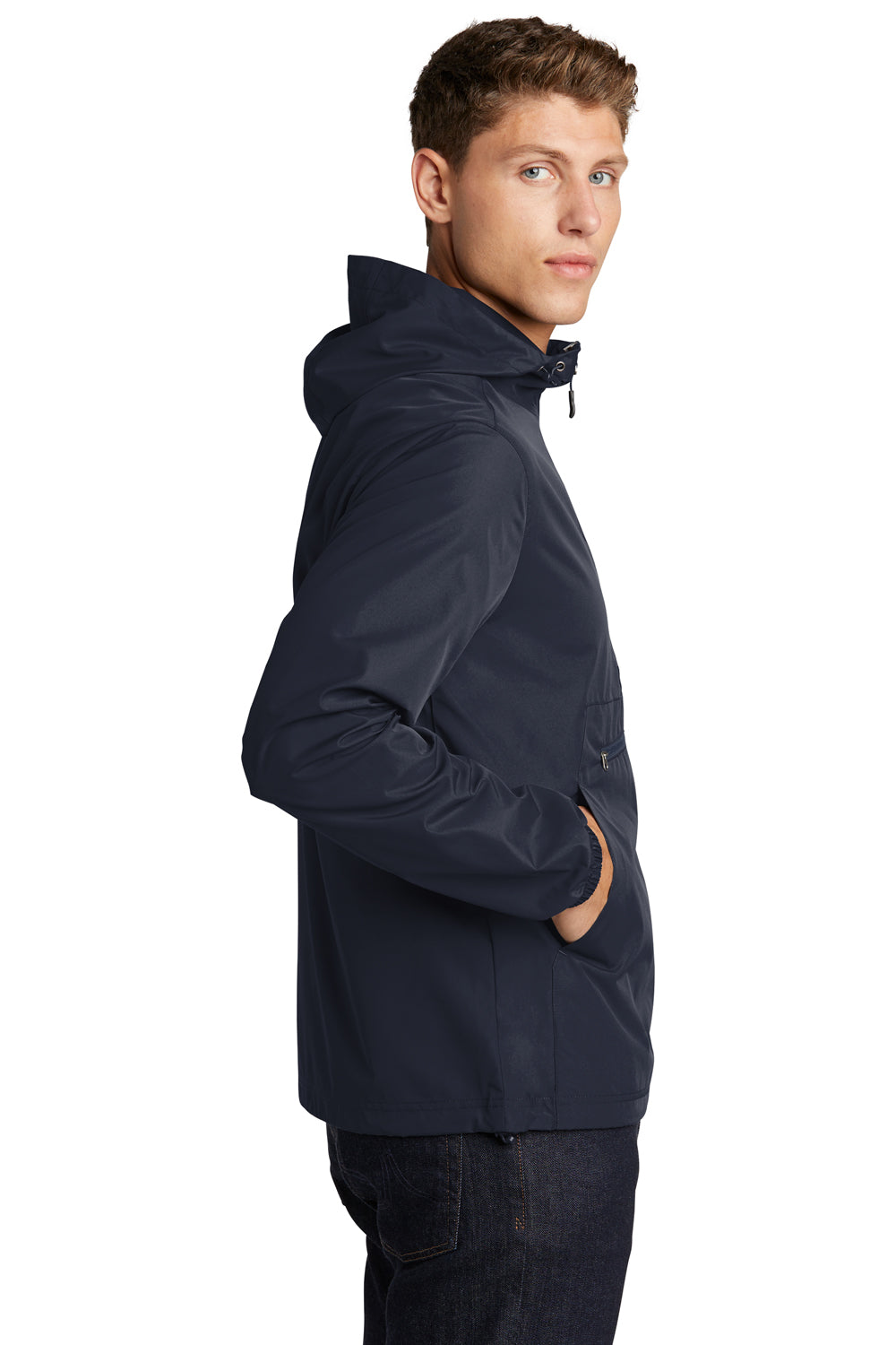 Sport-Tek Mens Packable Anorak Hooded Jacket True Navy Blue Side