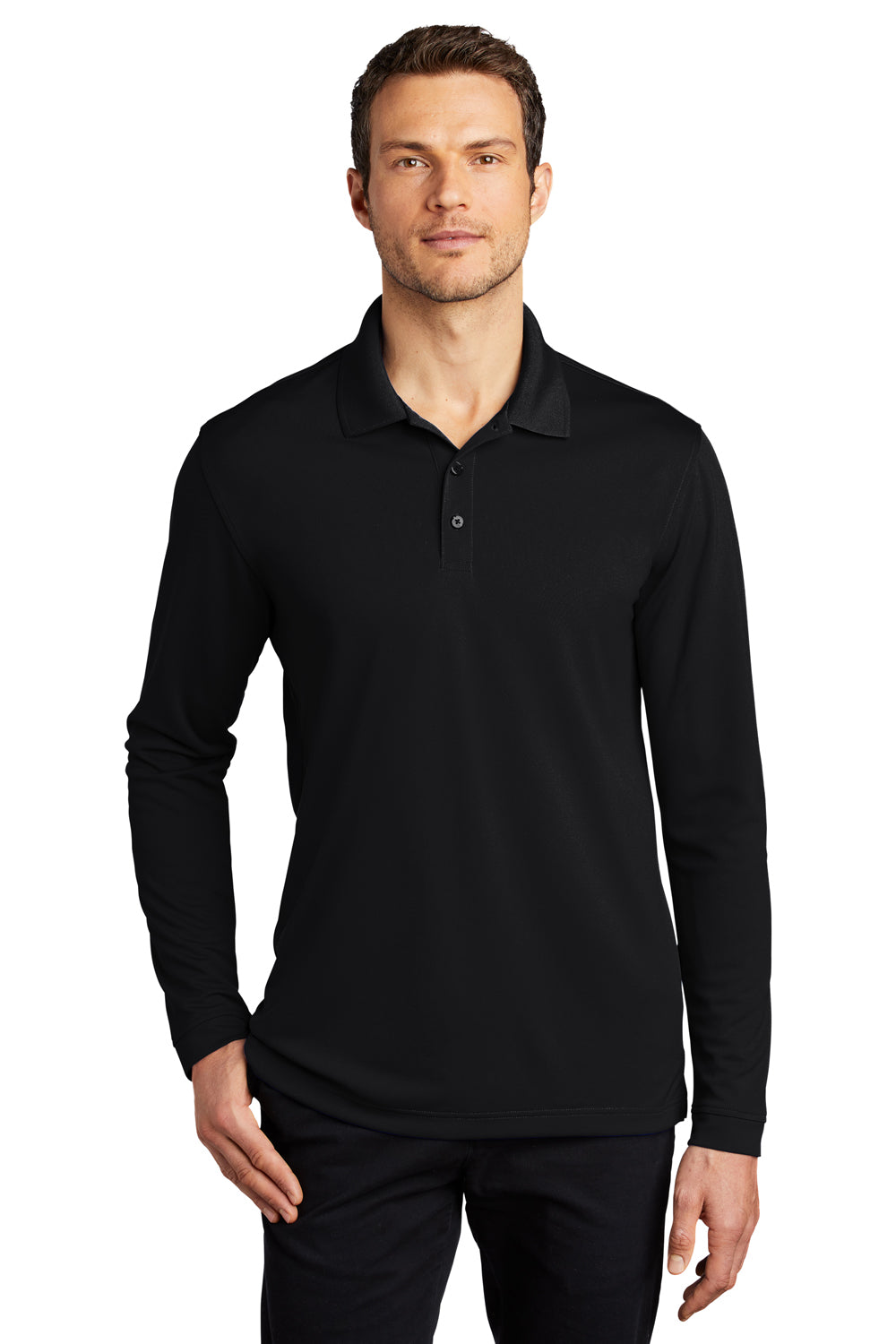 Port Authority Mens Dry Zone Long Sleeve Polo Shirt Deep Black Front