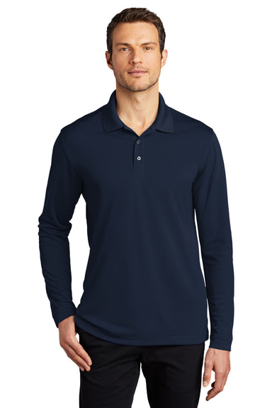 Port Authority Mens Dry Zone Long Sleeve Polo Shirt River Navy Blue Front