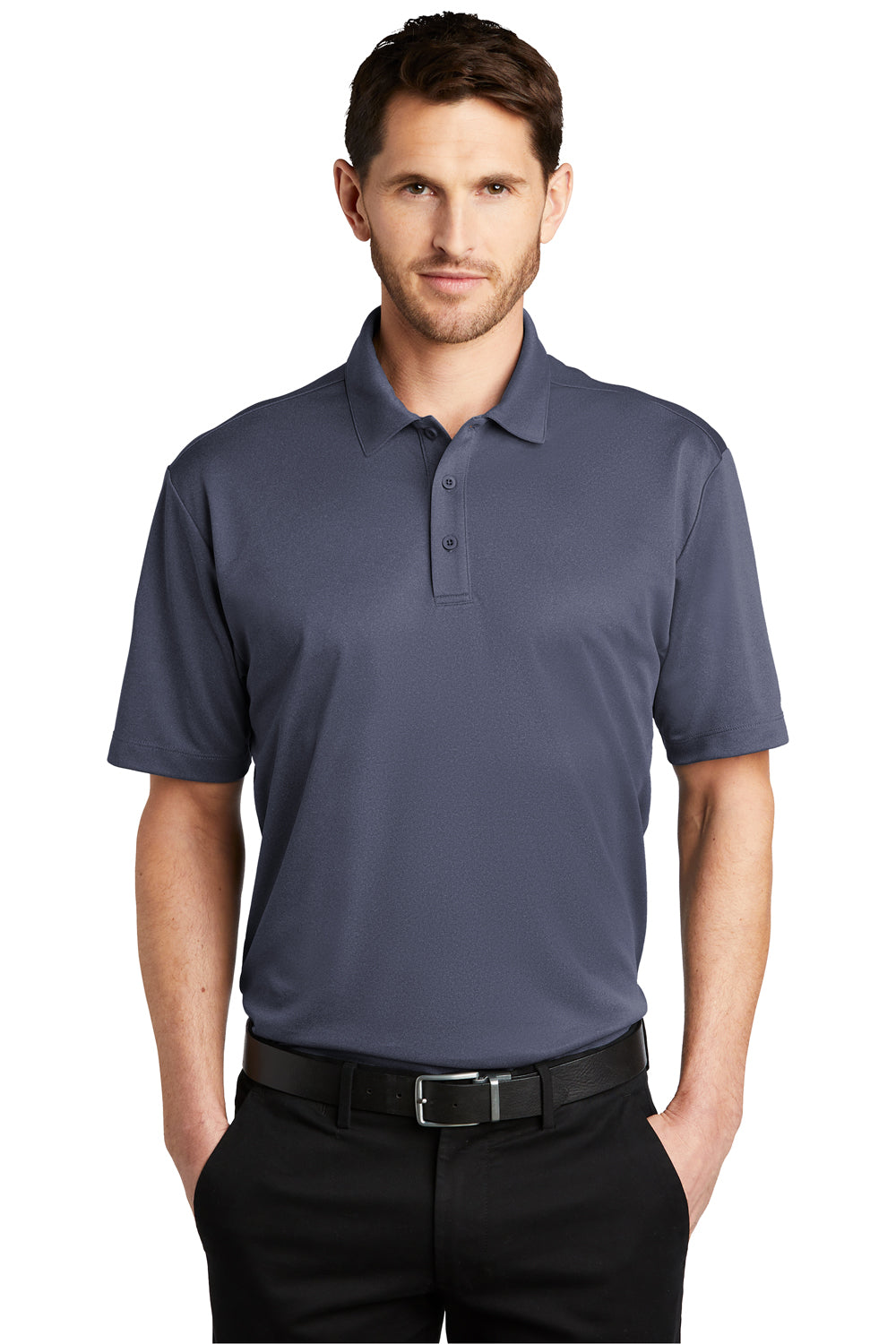 Port Authority Mens Performance Silk Touch Short Sleeve Polo Shirt Heather Navy Blue Front