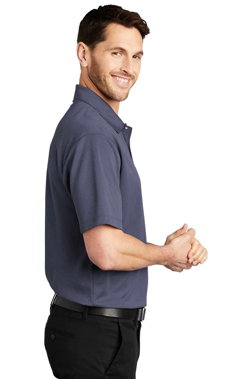 Port Authority Mens Performance Silk Touch Short Sleeve Polo Shirt Heather Navy Blue Side