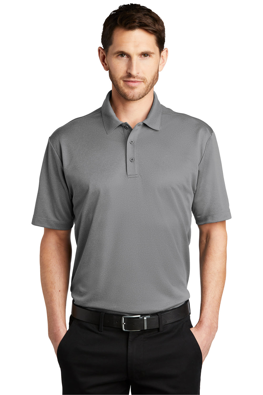 Port Authority Mens Performance Silk Touch Short Sleeve Polo Shirt Heather Shadow Grey Front