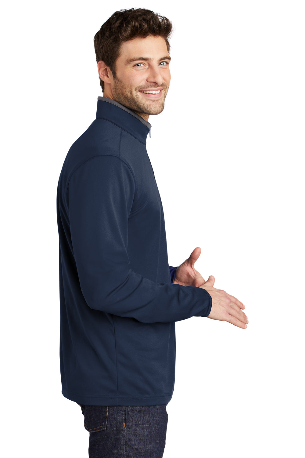 Port Authority Mens Performance Silk Touch 1/4 Zip Sweatshirt Navy Blue/Steel Grey Side