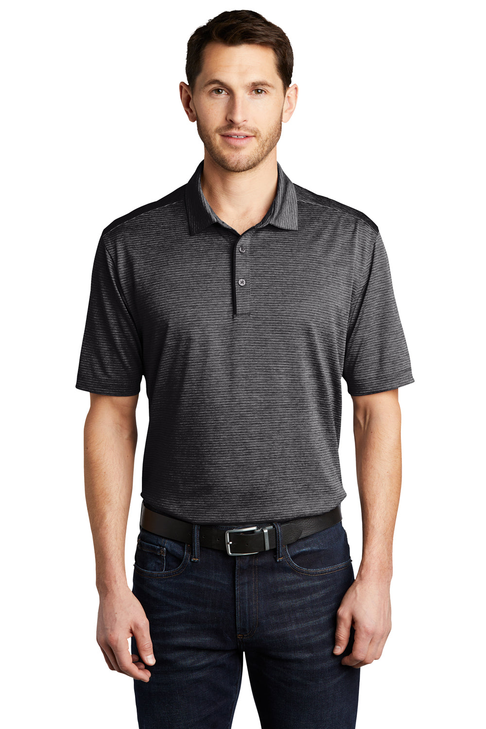 Port Authority Mens Shadow Stripe Short Sleeve Polo Shirt Deep Black Front