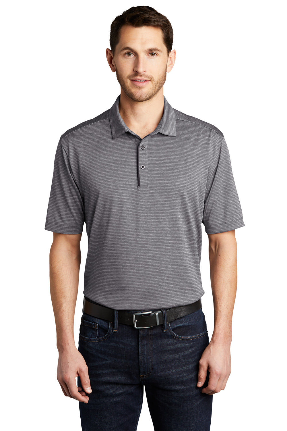 Port Authority Mens Shadow Stripe Short Sleeve Polo Shirt Shadow Grey Front