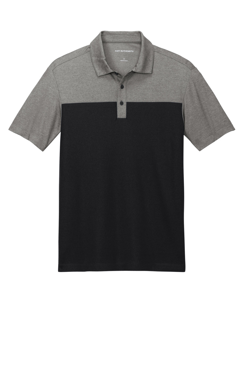 Port Authority Mens Fine Pique Blocked Short Sleeve Polo Shirt Deep Black/Heather Charcoal Grey Flat Front