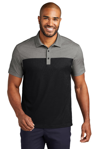 Port Authority Mens Fine Pique Blocked Short Sleeve Polo Shirt Deep Black/Heather Charcoal Grey Front