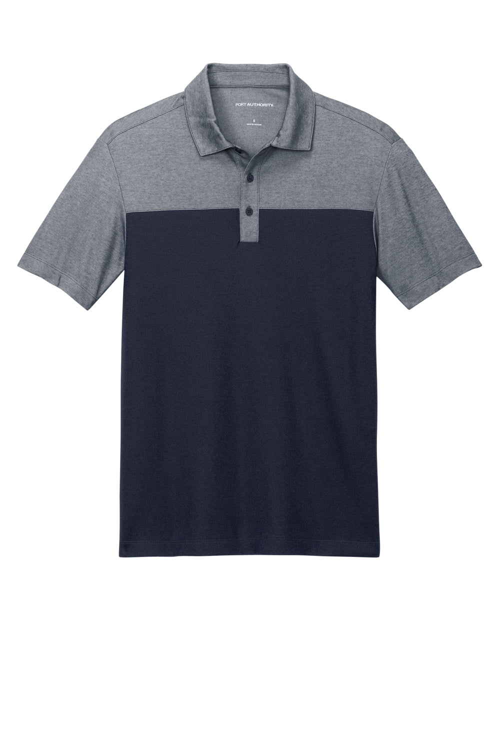 Port Authority Mens Fine Pique Blocked Short Sleeve Polo Shirt River Navy Blue/Heather River Navy Blue Flat Front