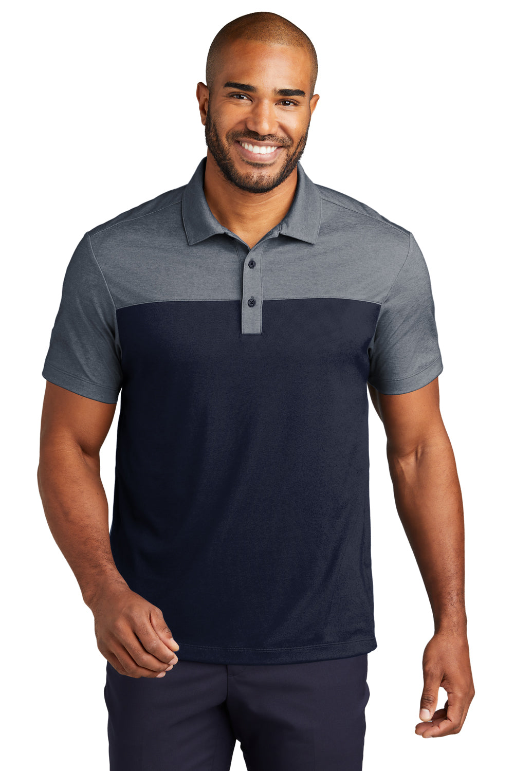 Port Authority Mens Fine Pique Blocked Short Sleeve Polo Shirt River Navy Blue/Heather River Navy Blue Front