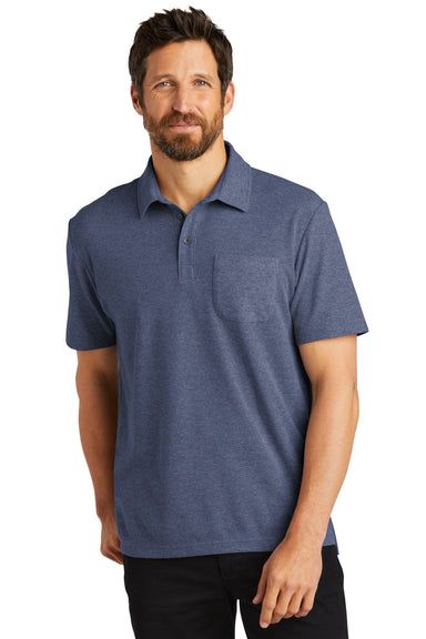 Port Authority K868 Mens C-FREE Pique Short Sleeve Polo Shirt w/ Pocket Heather Navy Blue Front