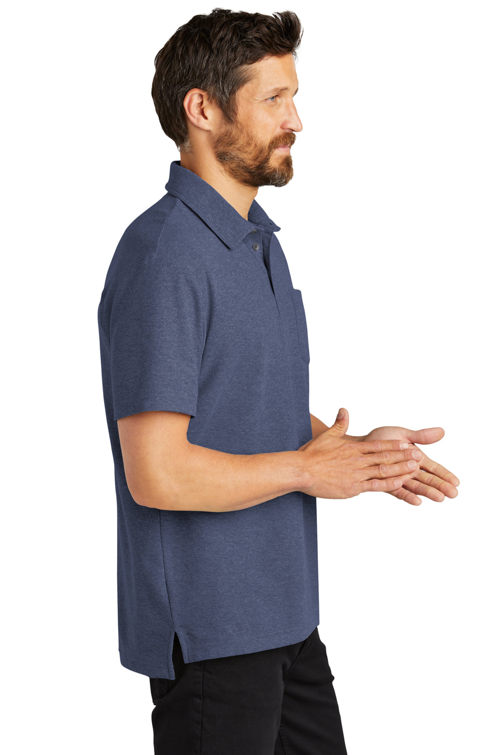 Port Authority K868 Mens C-FREE Pique Short Sleeve Polo Shirt w/ Pocket Heather Navy Blue Side