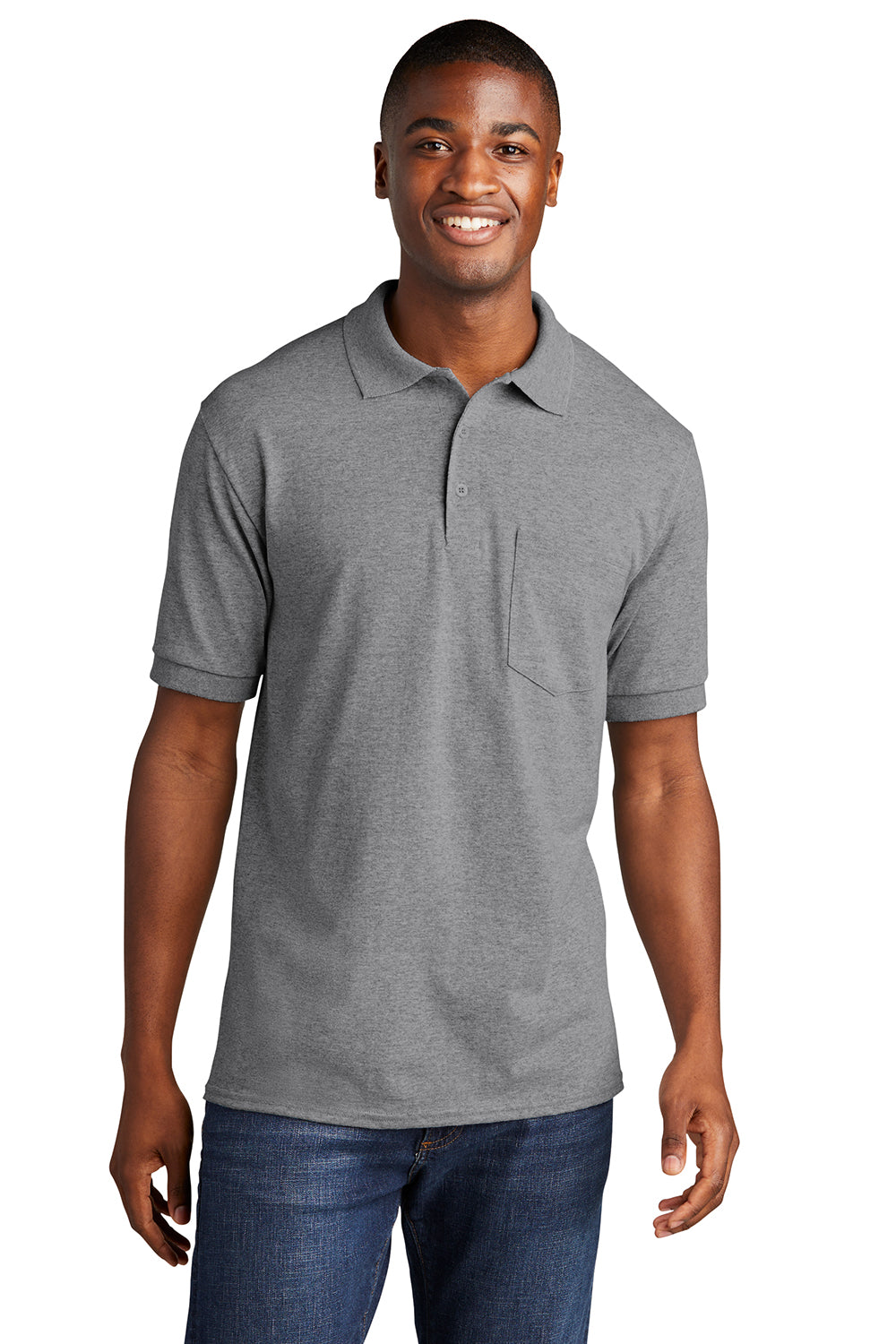 Port & Company KP55P Mens Core Stain Resistant Short Sleeve Polo Shirt w/ Pocket Heather Grey Front