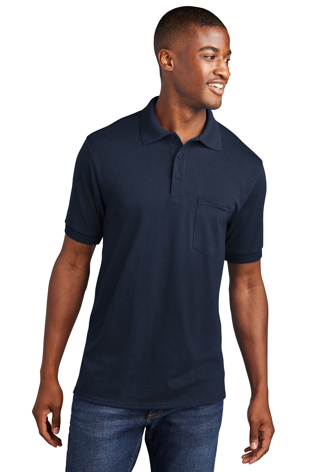 Port & Company KP55P Mens Core Stain Resistant Short Sleeve Polo Shirt w/ Pocket Navy Blue Front