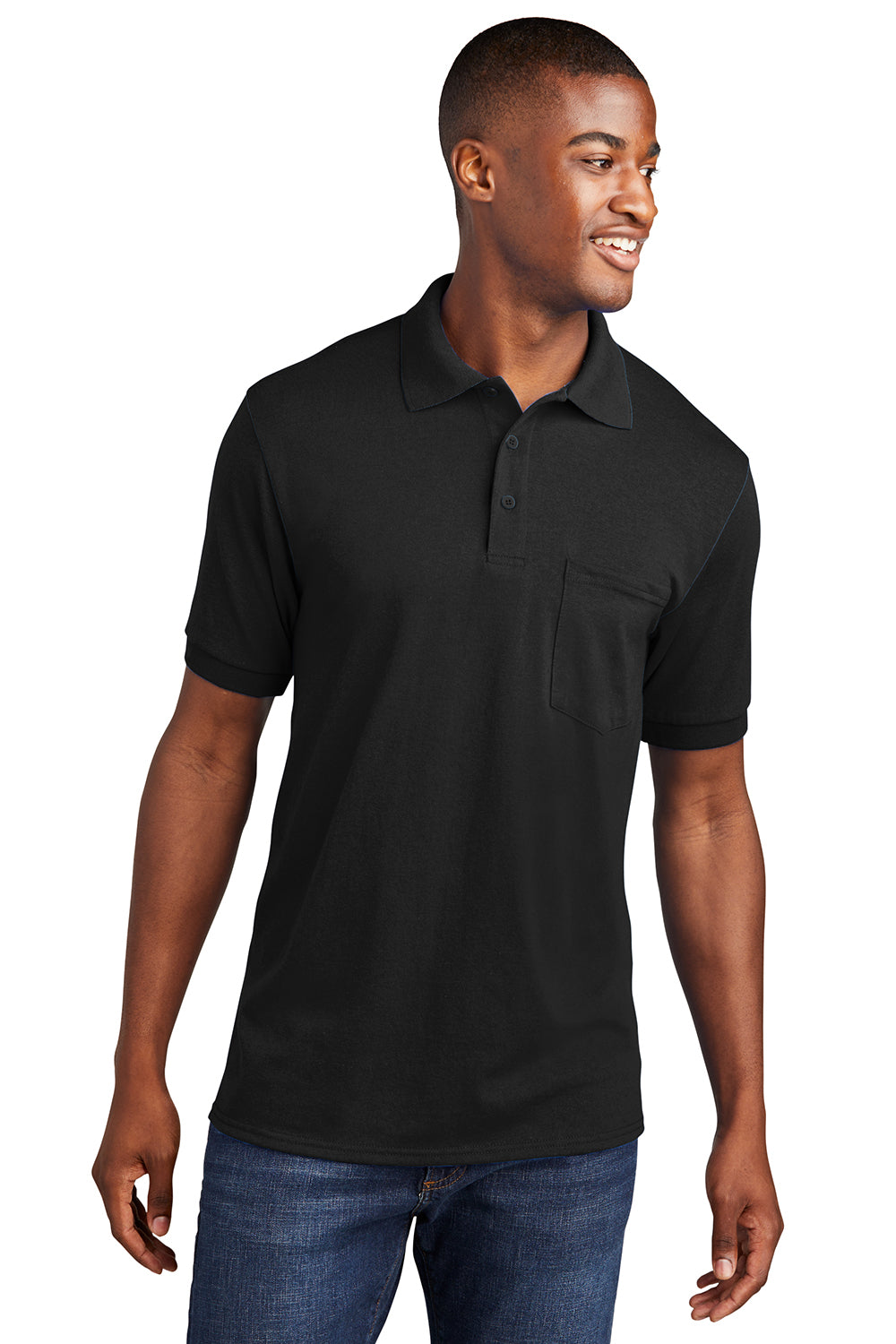 Port & Company KP55P Mens Core Stain Resistant Short Sleeve Polo Shirt w/ Pocket Black Front