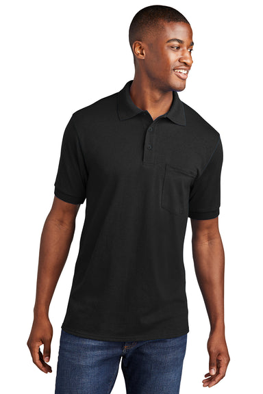 Port & Company KP55P Mens Core Stain Resistant Short Sleeve Polo Shirt w/ Pocket Black Front