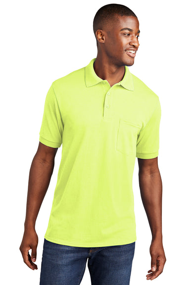 Port & Company KP55P Mens Core Stain Resistant Short Sleeve Polo Shirt w/ Pocket Safety Green Front