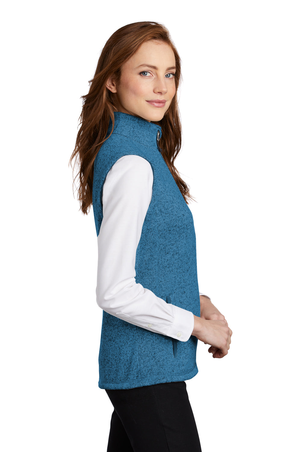 Port Authority Womens Sweater Fleece Full Zip Vest Heather Medium Blue Side