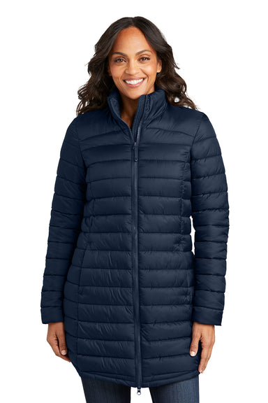 Port Authority L365 Womens Horizon Full Zip Long Puffy Jacket Dress Navy Blue Front
