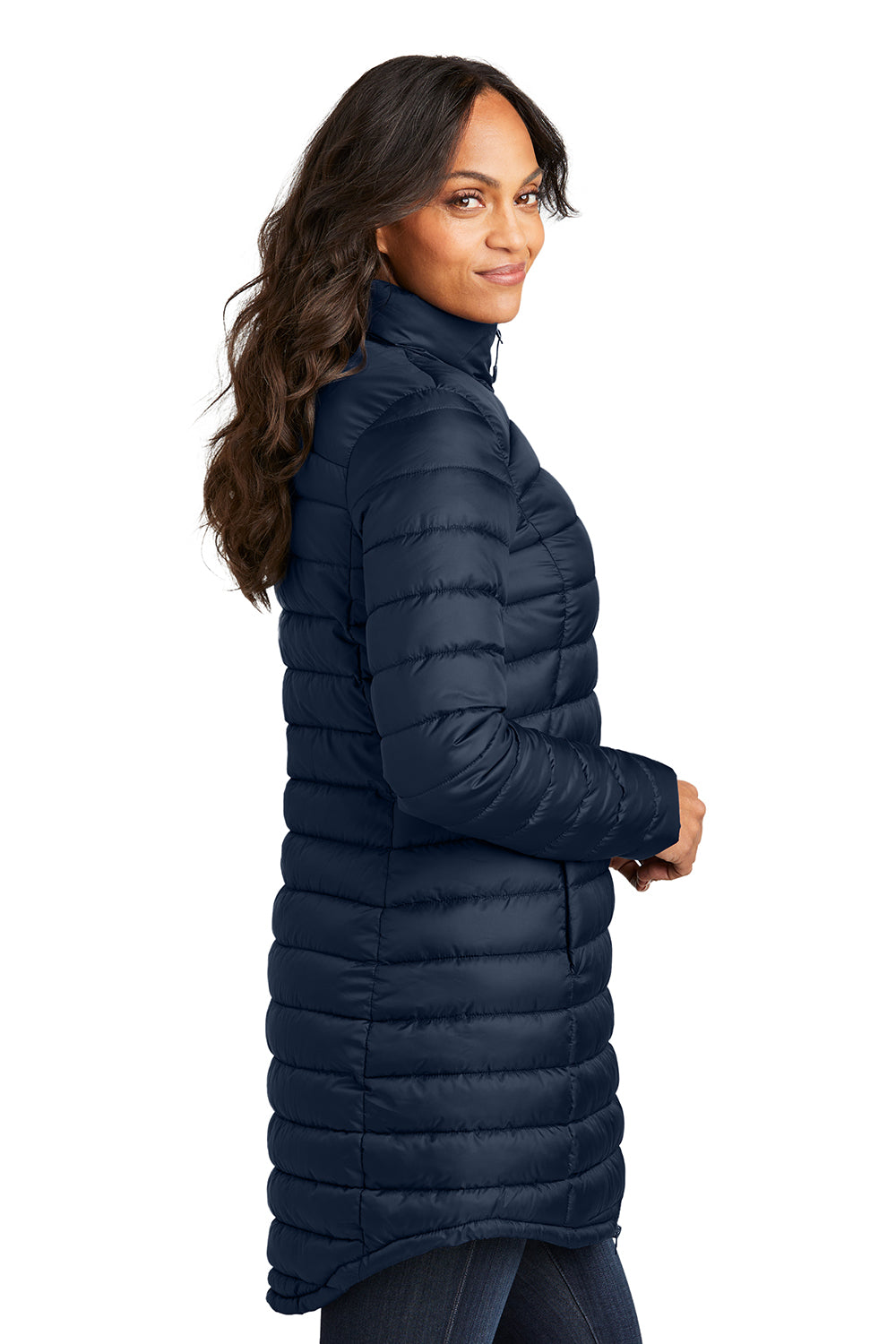 Port Authority L365 Womens Horizon Full Zip Long Puffy Jacket Dress Navy Blue Side