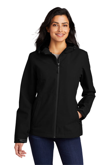 Port Authority Womens Tech Full Zip Hooded Rain Jacket Deep Black Front